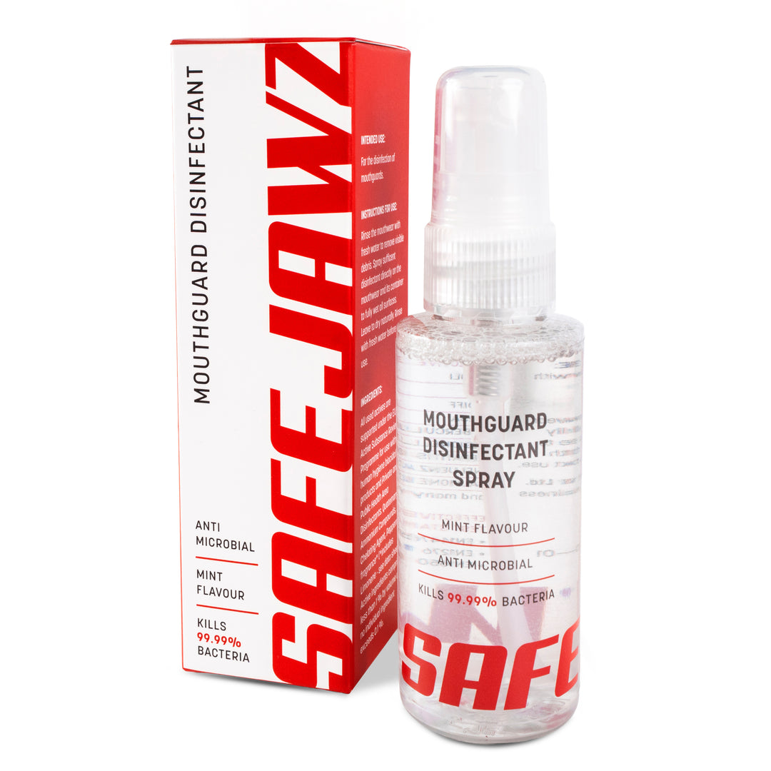 SAFEJAWZ Mouthguard Disinfectant Spray. Mint Flavoured, Anti-Microbial Gum Shield Cleaner. 50ml.