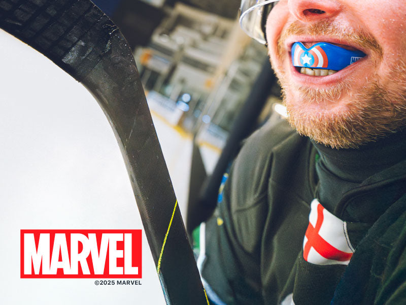 Ice hockey player wearing Marvel Captain America mouthguard