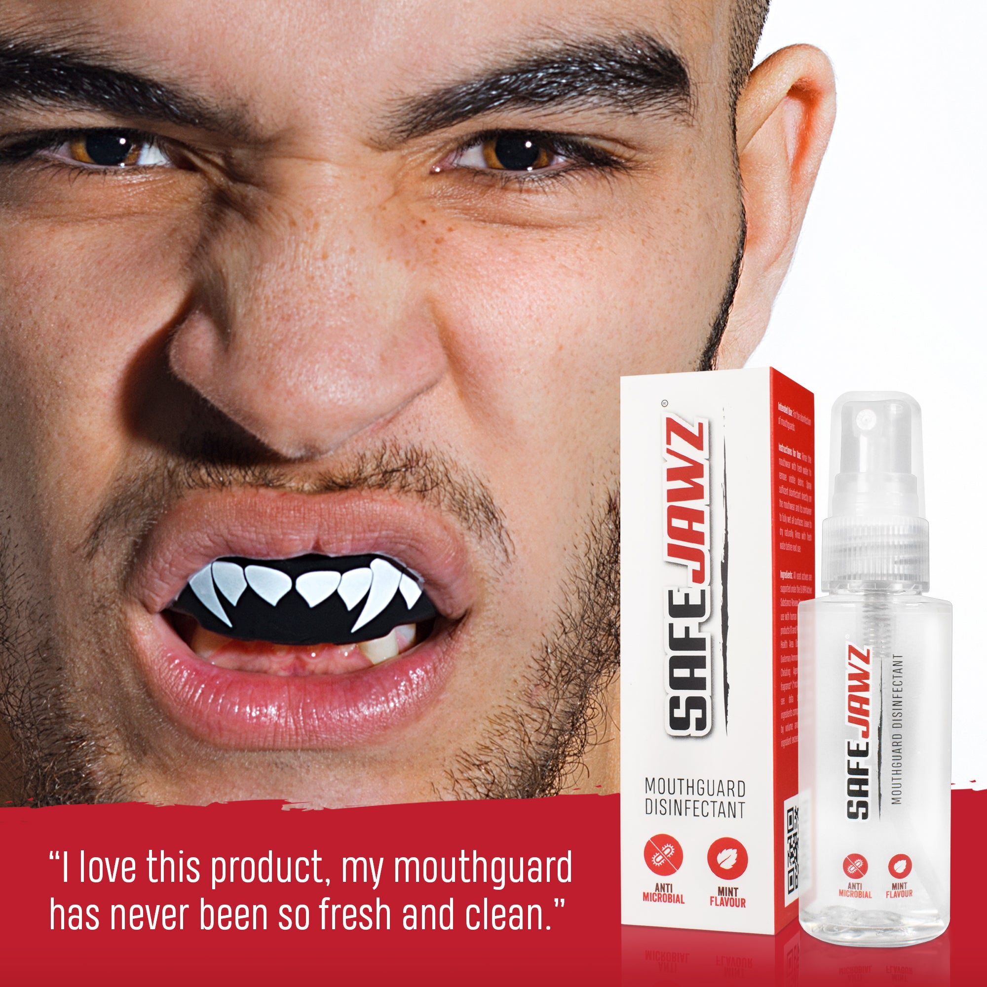 SAFEJAWZ Mouthguard Disinfectant Spray. Mint Flavoured, Anti-Microbial Gum Shield Cleaner. 50ml. - SAFEJAWZ gum shield